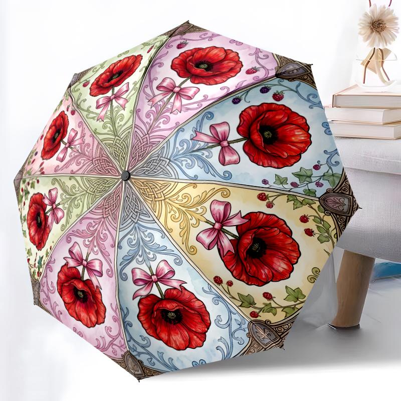 1pc Sturdy 8-Bone Auto Umbrella, Bright Red Birds Umbrella, Digital Printed, Foldable Umbrella for On-the-Go Outdoor Use