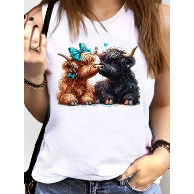 

Loose plus size wing pattern printed round neck white vest summer casual sleeveless top women s clothing M