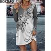 Women Autumn Long Sleeve O-Neck Casual Dress 3D Vintage Floral Printed Elegant A-line Dress For Female Dress