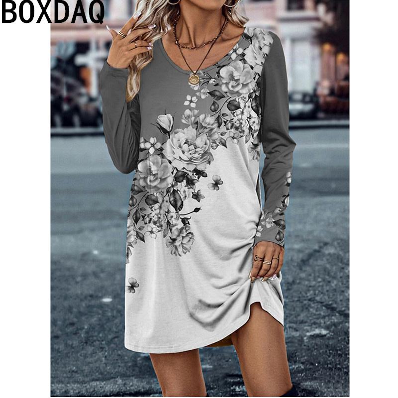 Women Autumn Long Sleeve O-Neck Casual Dress 3D Vintage Floral Printed Elegant A-line Dress For Female Dress