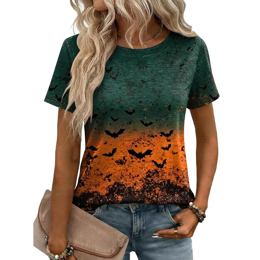 Women Casual Loose Fit Short Sleeve T Shirt Halloween Pumpkin Pattern Print Crew Neck Top Lightweight Soft Fabric