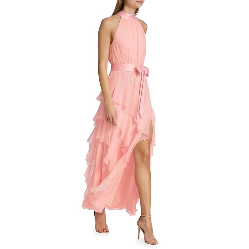 

European and American Summer New Leader Frill Patchwork Belt Waist Hugging Fashion Dress Pink S