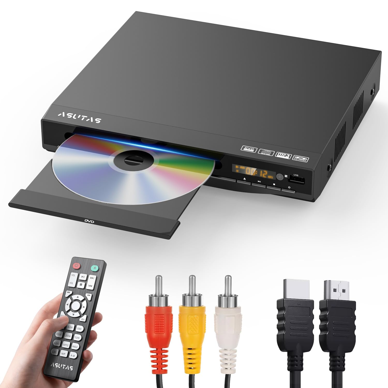 

[2025 Model] ASUTAS DVD Player, 1080P Support, DVD/CD Playback Only, Region-Free, CPRM Compatible, Plays Recorded Programs and Terrestrial Digital Bro