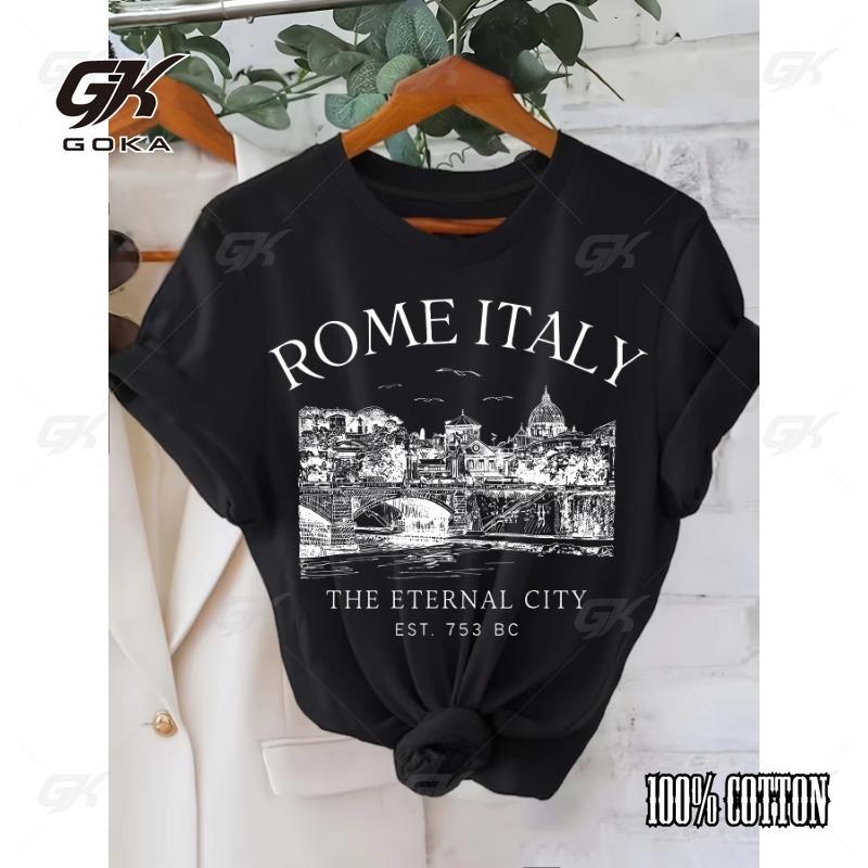

Roman Italian Letter Printed T-shirt Short Sleeved Round Neck Casual Fashion Cotton Top Suitable for Summer Women s Clothing S