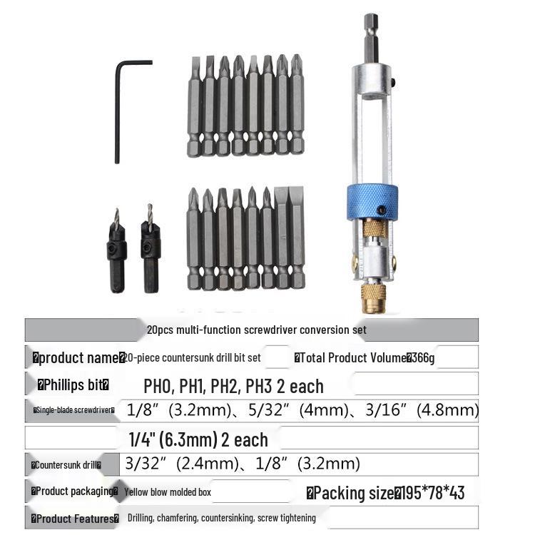 20-Piece High-Speed Steel Drill & Screwdriver Bit Set for Air/Manual Use