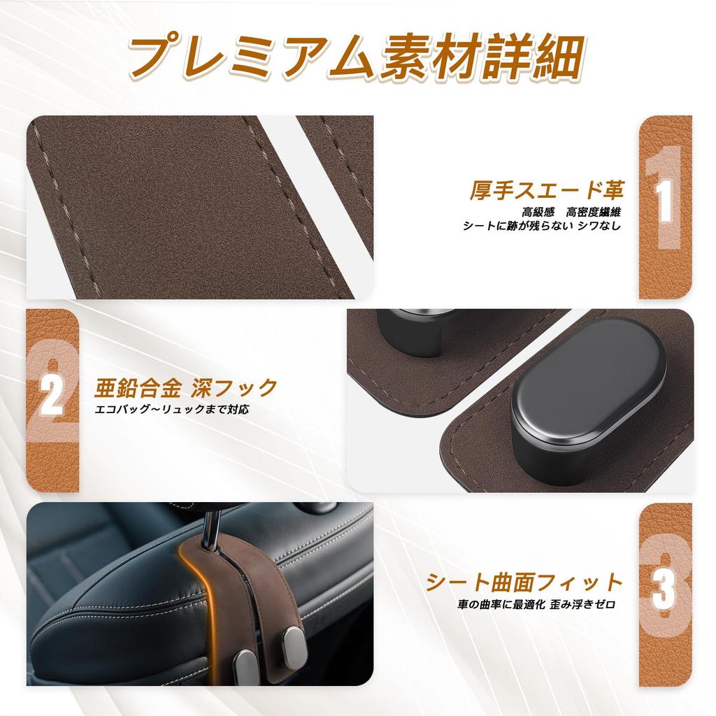 Hangerspace Headrest Hooks, Set of 2, Leather & Metal for Cars, Double Hooks, Bag