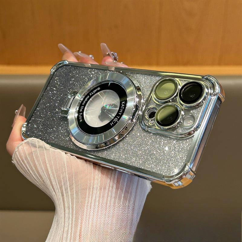 Applicable To IPhone16 Mobile Phone Case Airbag Anti-fall Magnetic Suction Bracket 15Promax Apple 14 Protective Case 13 Electroplating