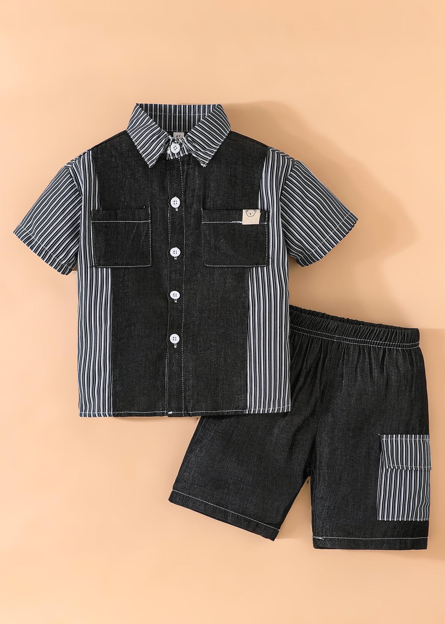 2PCS Boys Striped Patchwork Shirt & Shorts Set, Short Sleeve Casual Summer Outfit 110