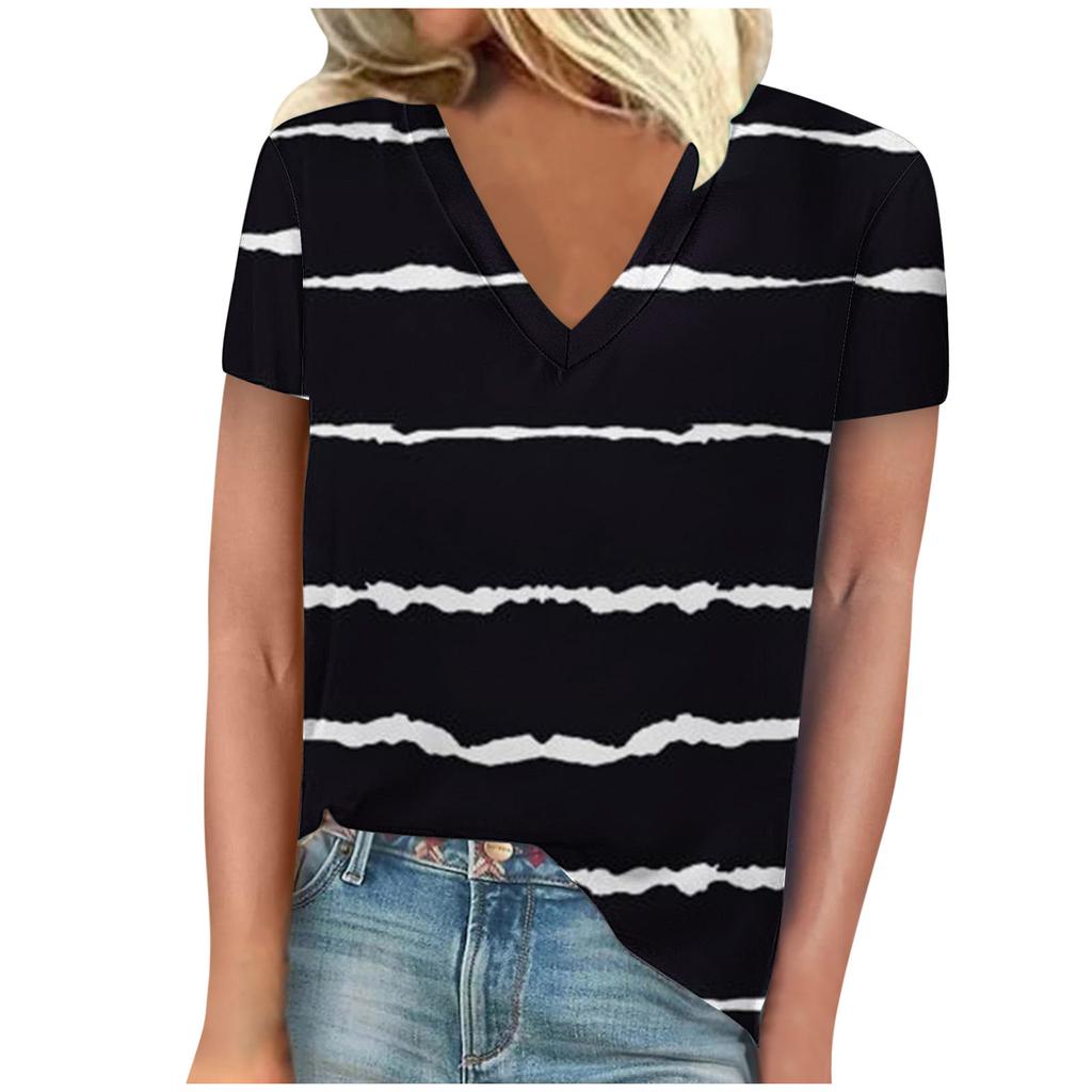 Summer V-neck 3D Stripe Printed Top Fashionable Casual Short Sleeved Women's T-shirts