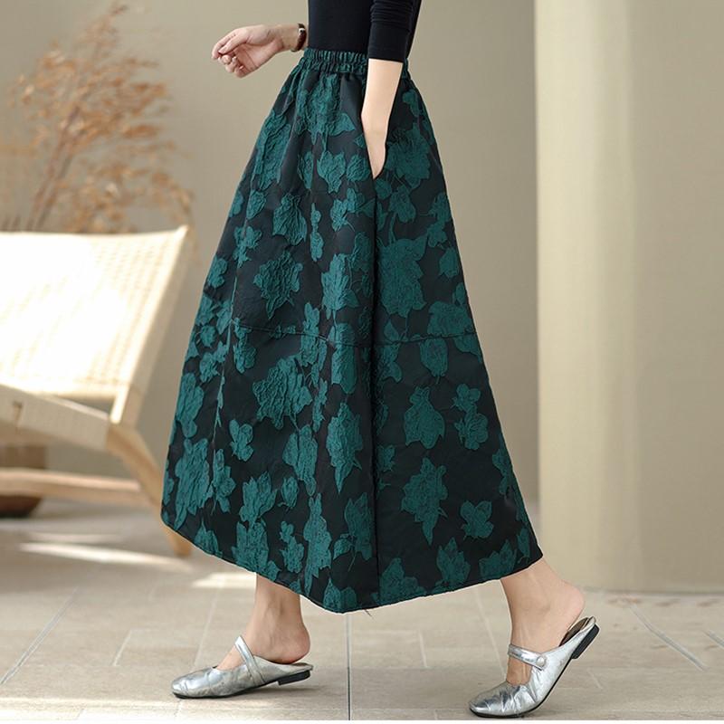 Plus Size Jacquard High Waist Vintage Floral Spring Autumn Casual Loose Long for Woman Skirts Womens Skirt