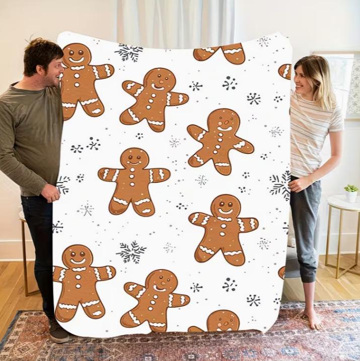 1pc Super Soft Printed Christmas Gift Blanket Cute Gingerbread for Man Snowflake Gift for Family Suitable for Bedroom Blanket
