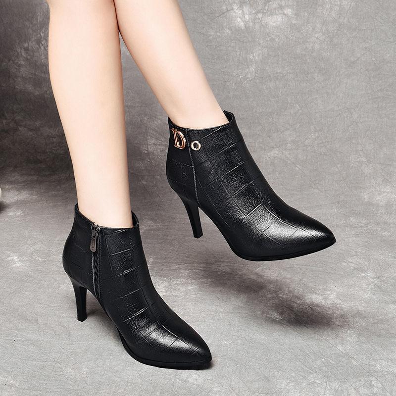 Heeled Pointed Toe Leather Female Short Shoes Autumn Winter Black Warm Women's Ankle Boots High Quality Y2k Goth Booties Sale