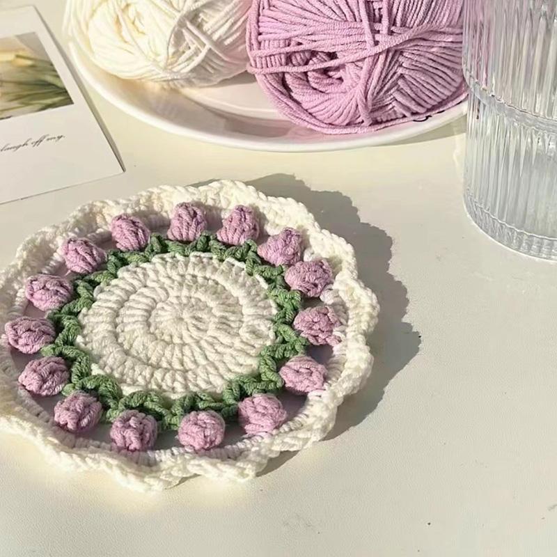 Cute Crochet Coasters Flower Potted Plant Crochet Cup Mat Sunflower Rose Flower Coaster for Home Office Decor Housewarming Gift