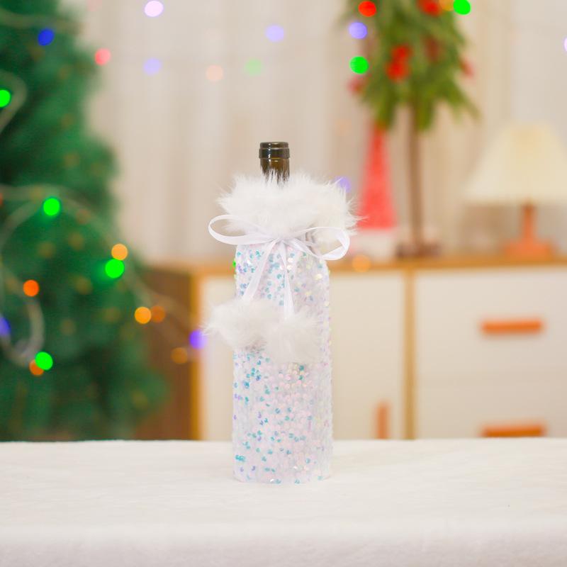 Qiao Ding Christmas Sequin Wine Bottle Cover Set – Plush Drawstring Table Decoration