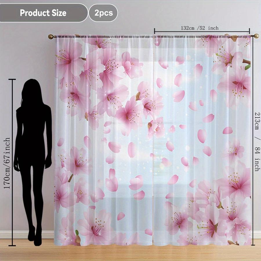 2PCS Digital Print Sheer Curtain, Drifting Cherry Blossom Petals Pattern, Dreamy Romantic Spring Japanese Sakura Style Decor