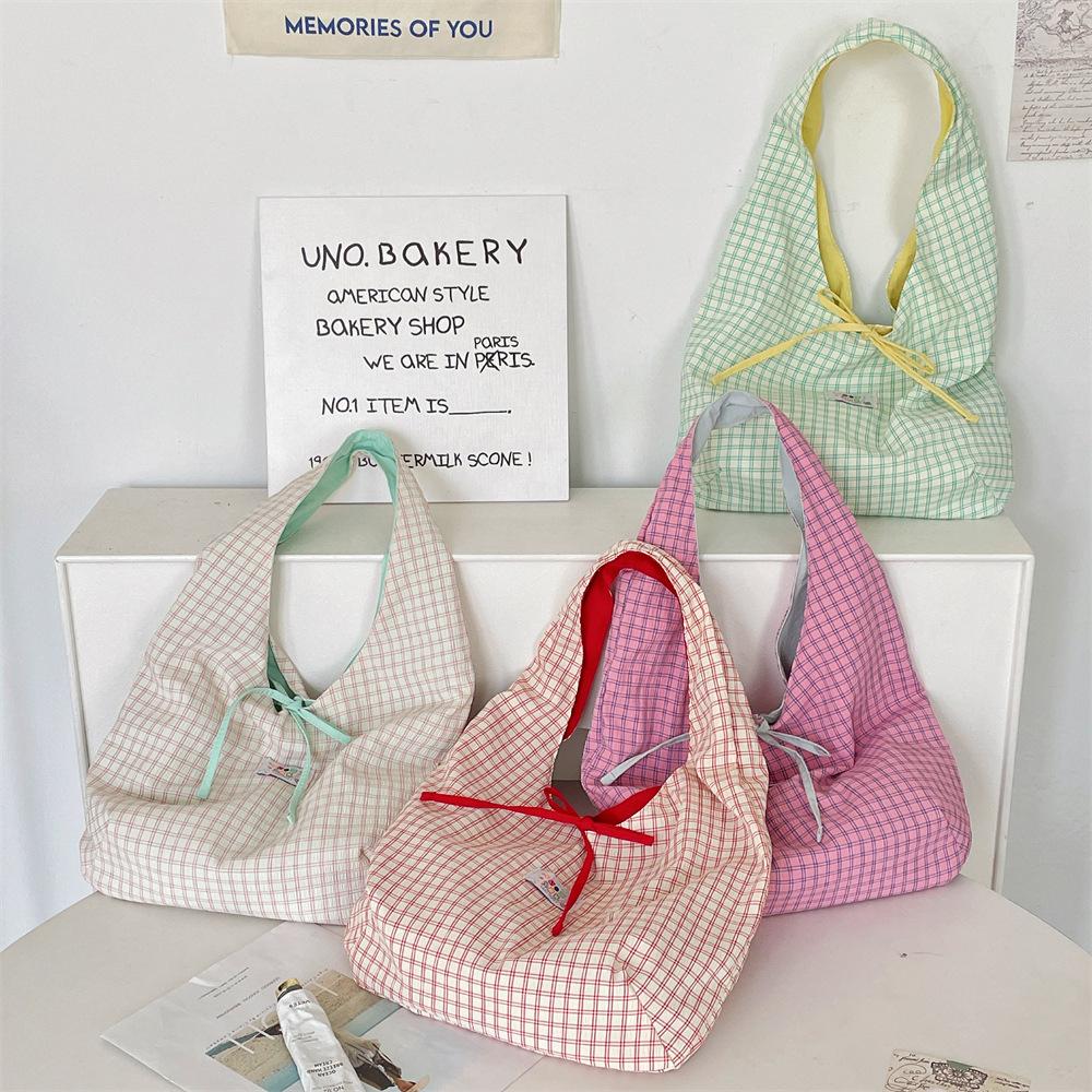 Plaid Candy Color Double Sided Women's Shoulder Bags Sweet Strap Bow Ladies Handbags Large Capacity Portable Female Underarm Bag