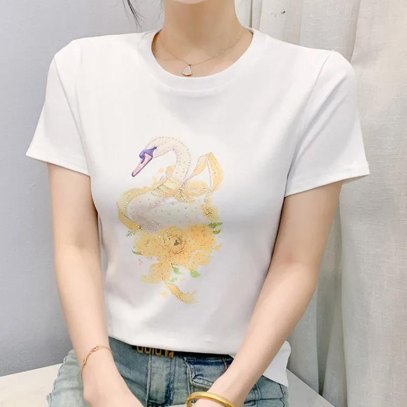 Classic Women's Shiny Cartoon Swan Hot Diamonds O-Neck T-Shirt Summer Office Lady Cotton Tops Clothes New Fashion Flower Fairy Tees
