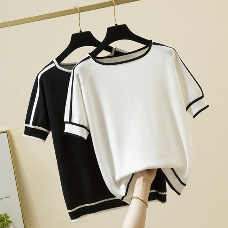 

Casual Thin Knitted T-Shirt Camisetas Mujer Summer Short Sleeve Tops Elegant Woman Clothes Striped Fashion Tee Shirt Femme