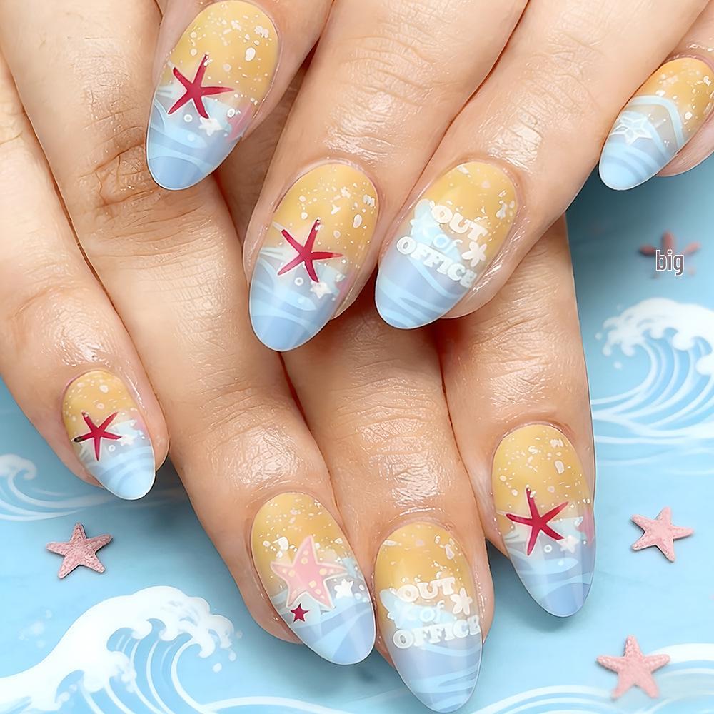 24-Piece Glossy Almond Ocean Starfish Nail Art for Spring/Summer
