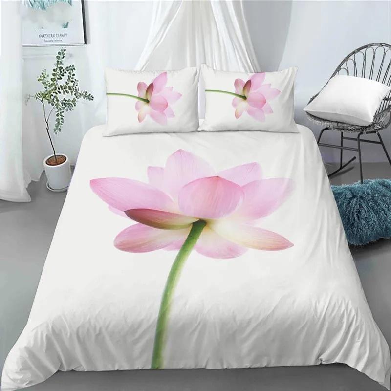 3D Lotus Flower Painting Duvet Cover Polyester Quilt Cover with Pillowcases King Queen Size for Kids Teen Adults Bed Decor Gifts