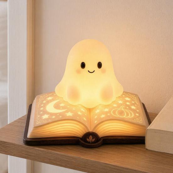 Soft Warm Yellow Light Magic Book Ghost Night Light, Resin Tabletop Glow Lamp with Moon Safe Bedside for Kids Star Relief, Cute Sleeping Bedroom,