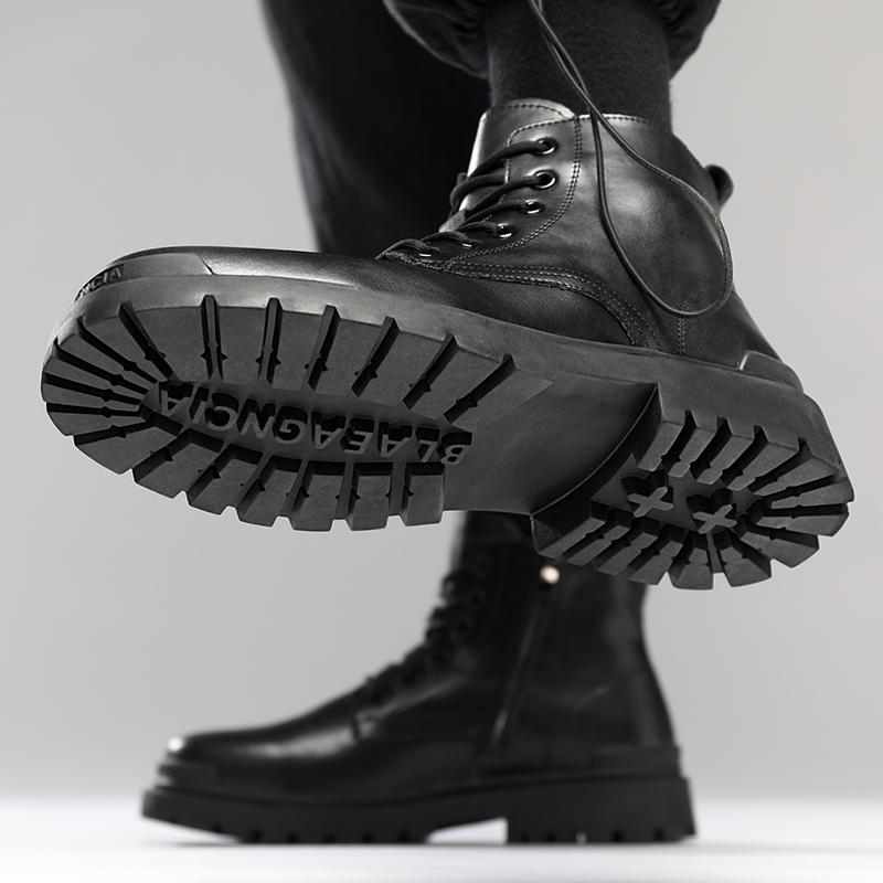 Fashion Ankle Boots Lace Up Block Round Toe Anti-slip Boots Thick Water Proof Men Boots Black Wear-resistant Short Men's Motorcycle Boot