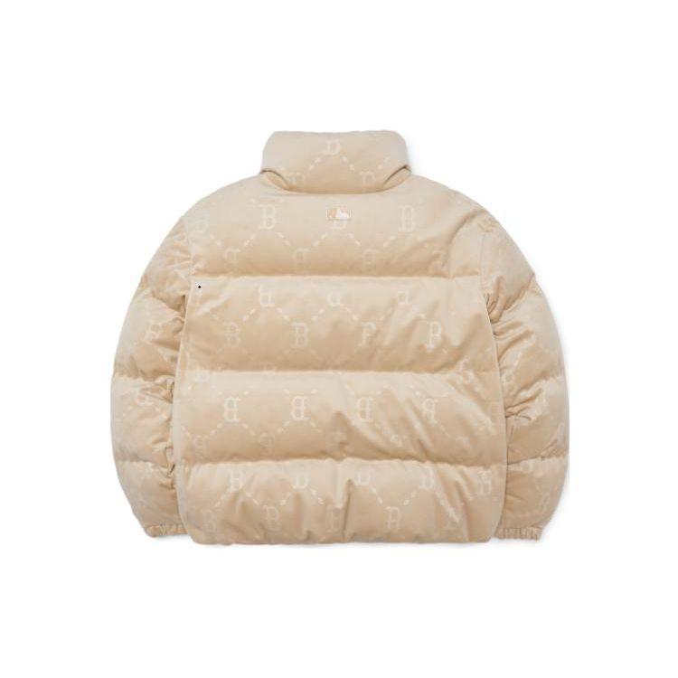 MLB FW22 Logo All Over Print Label Stand Collar Goose Down Zipper Long Sleeve Puffer Jacket Short Women Outerwear Beige 3FDJM0226-43BGS