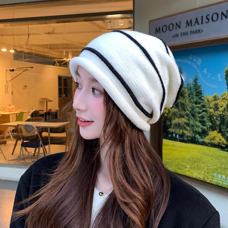 Rolled Edge Stripes Hat Women Trendy Striped Edge Winter Knitted Hat For Cold Weather Fashion белый