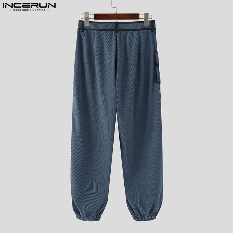 INCERUN Men Zip-up Waist Stitching Belt Corduroy Casual Long Harem Pants Trousers 