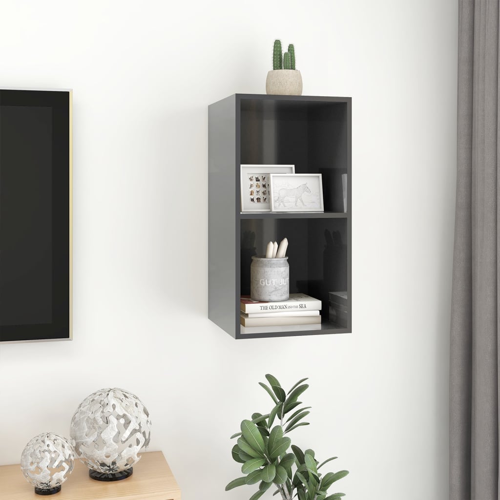 Wall Mounted TV Cabinet Glossy Grey 37 X 37 X 72 Cm Particleboard