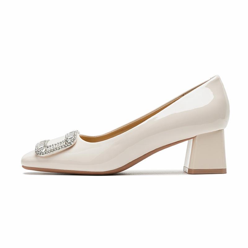 8-Mary Jane shoes women's head patent leather medium heel rhinestone square buckle shoes women's shallow thick heel single shoes autumn
