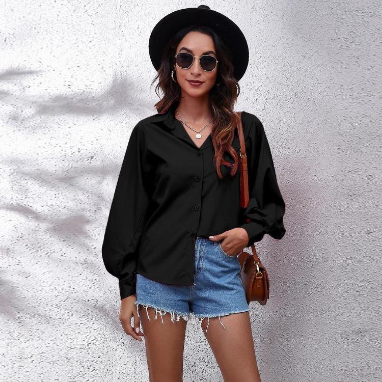 New Women Long Sleeve Blouse Button Down Collar Blouson Sleeve Shirt Solid Color Business Casual Tops Office Work Clothes Daily Wear Fashion S XL