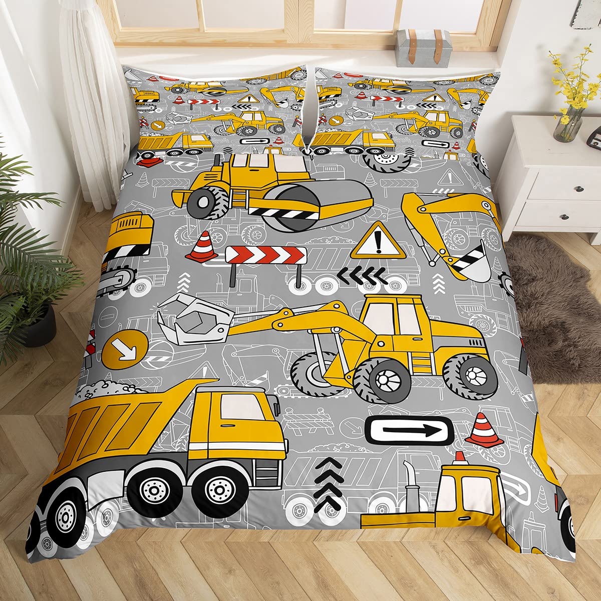 

School Bus Comforter Cover for Boys Girl Truck Duvet Cover Car Themed Patchwork Bedding Set Twin Geometric Buffalo Plaid Bed Set EU Single(135*200cm)3pcs