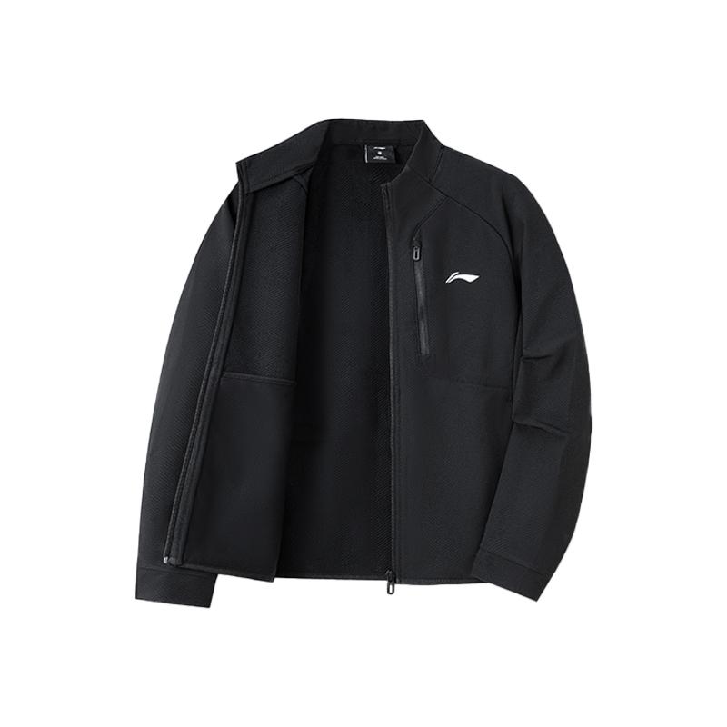 Li Ning Sports Coat Casual Fleece Lined Thermal Men's Black Stand Collar Trench Coat AFDV919-01