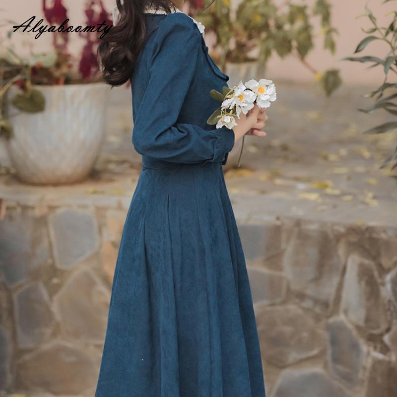 Mori Girl Autumn Winter Women Long Shirt Dress Blue Beading Vintage Buttons Dress Corduroy Elegant Feminine Dress With Belt