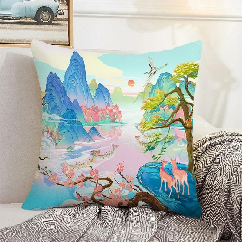 Decorative Sofa Cushion Cover 40x40 Chinese Style Landscape Pillowcase 50x50 Cushions Covers Car Decoration Pillow Home Decor