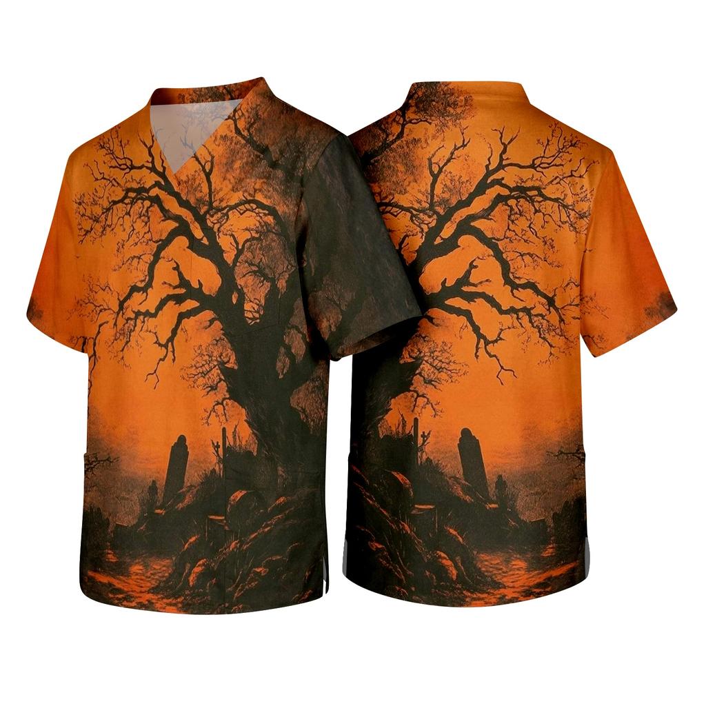 Men's V Neck Halloween Print Pocket Scrub Top Short Sleeve Medical Workwear Uniform Shirt for Healthcare Professionals
