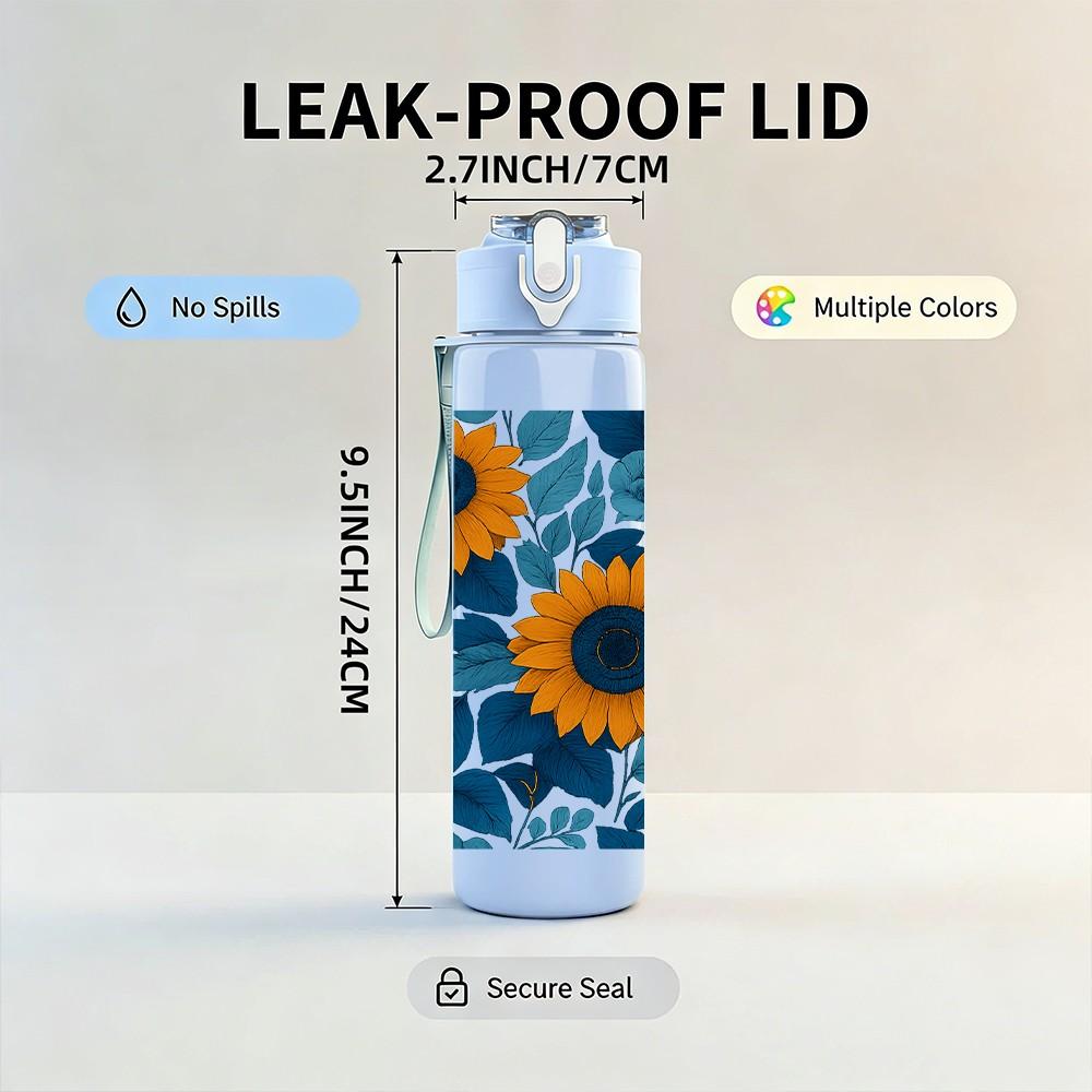 1PC Mosaic Sunflower Floral 750ml Color Plastic Sports Water Bottle Leakproof Flip Straw Lid Suitable for Sports Office Home Use