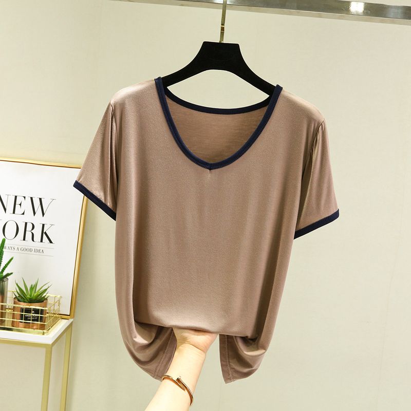 

Modal Short sleeve T-shirt Women Summer Thin Inner wear V-neck Bottoming Shirt Loose Plus size Solid Versatile Slimming Top Khaki M (recommended 40.00 kg-50.00 kg