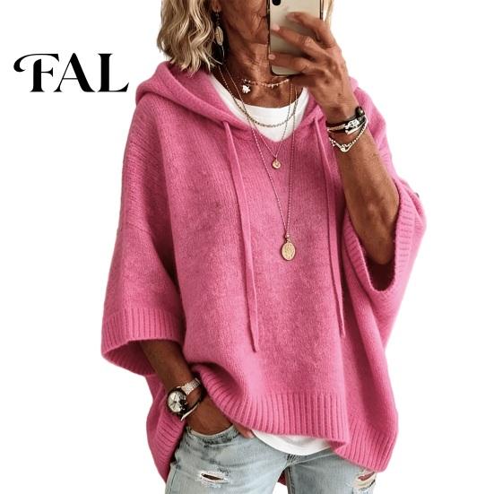 Women Winter Sweater Autumn Knit Pullover Sweater, Loose Fit Drawstring Hooded Casual 3/4 Sleeve Drop Shoulder Solid Color Long Tops