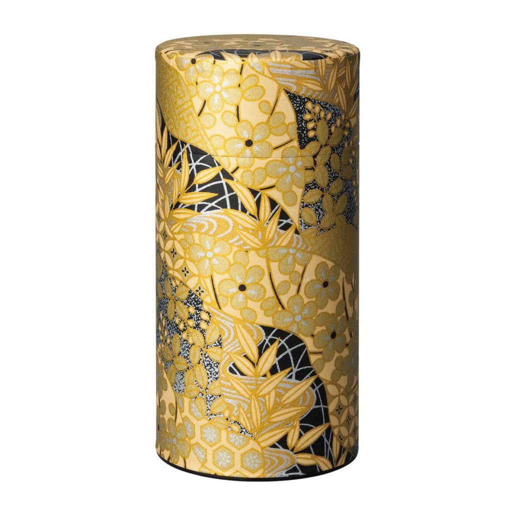 Noguchi Kumataro Tea Garden Tea Caddy, Large Capacity 200g, with Washi Paper Cover and Inner Lid, Golden Design, Made in Japan, Stylish
