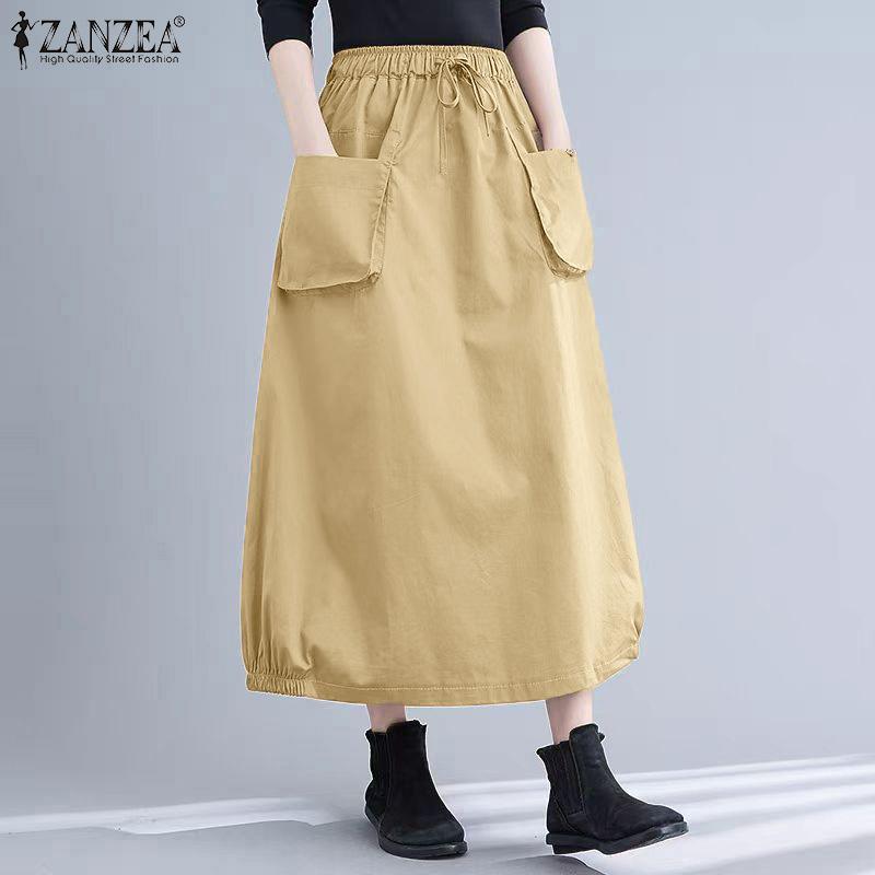 ZANZEA Women Casual Elastic Waist Loose Summer Midi Skirts