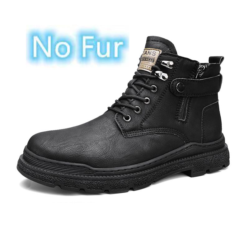 Male Warm Plush Fur Winter Boots Classic Leather Men Ankle Boots Lace-Up Non-Slip High Top Shoes Punk Style Man Motorcycle Boots