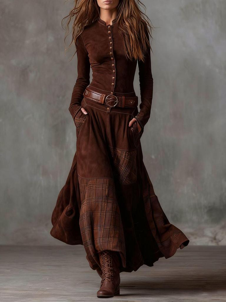 2025 Herbst-Winter Wildleder Karomuster Retro Kleid mit Knopfleiste und Taschen