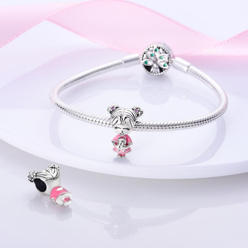 Süßer Rosa Mädchen und Katze Anhänger Kupferbeschichtet Original Perlen Passend für Original Charms Armband Perlen Schmuck Geschenke für Frauen
