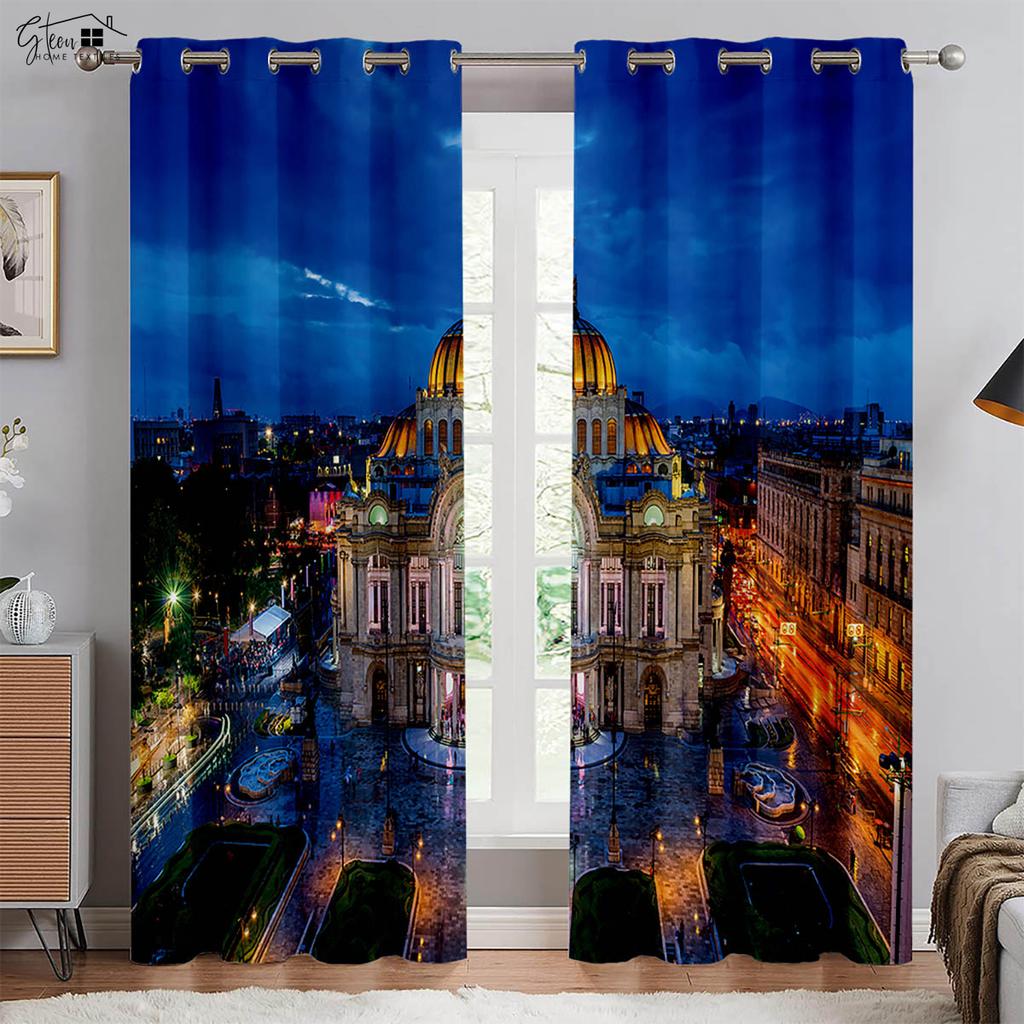 Modern Minimalist City Building 3D Printed Curtains Street View Night View Neon Hand-Painted Living Room Bedroom Custom Curtains