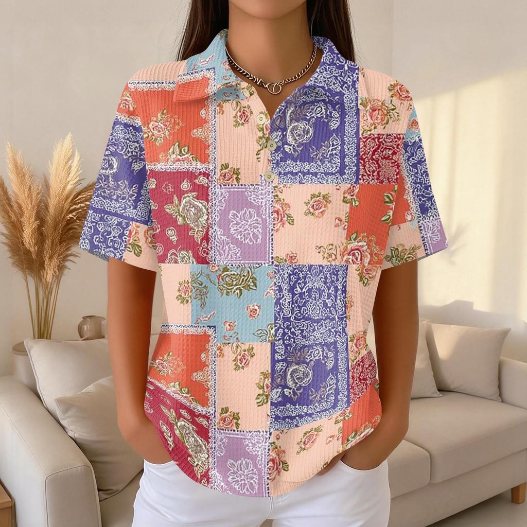 Women’s Casual Short Sleeve Waffle Knit Collared Top with Patchwork Floral Print Relaxed Fit for Daily Wear Office Travel