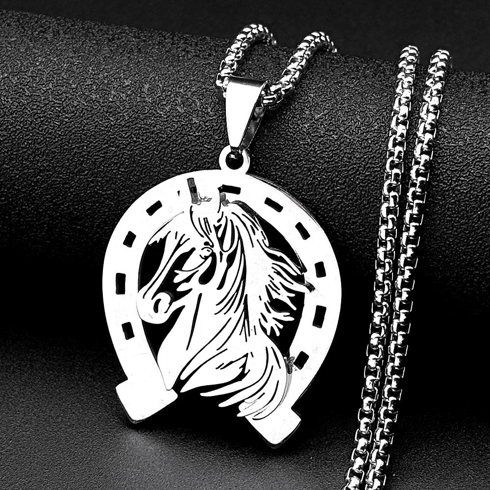 Hollow Horses Head Horseshoe Pendant Necklace for Men Women Stainless Steel Gold Silver Color Animal Chain Horse Lucky Jewelry