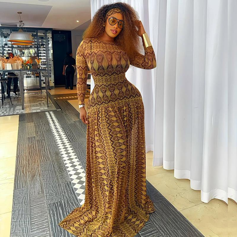 WX011428WMC Vintage Elegant Printed Maxi Dress Round Neck Long Sleeve Slim Waist Sheer A Line Dress African Evening Dress Wholesale Factory