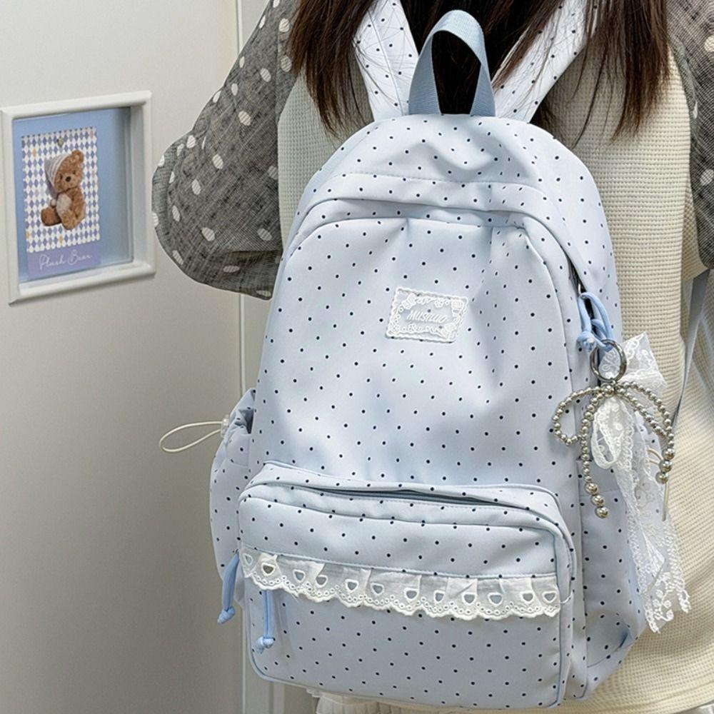 Sweet Lace Trim Rucksack Large Capacity Student School Bag Y2k Polka Dot Backpack  Outdoor Use